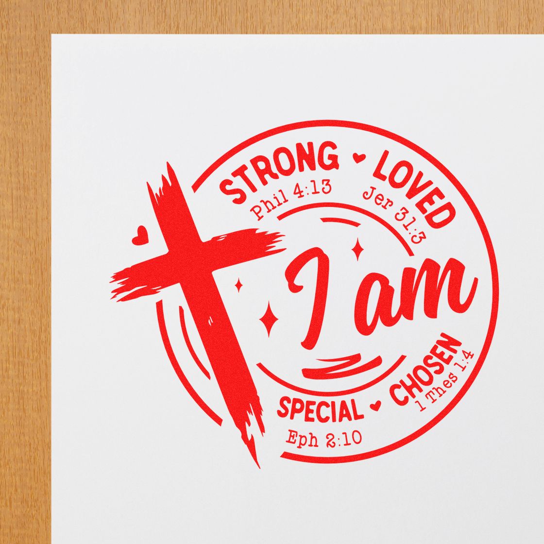 Red round Christian stamp seal with cross and I am text on white paper, featuring hearts and Bible verses.