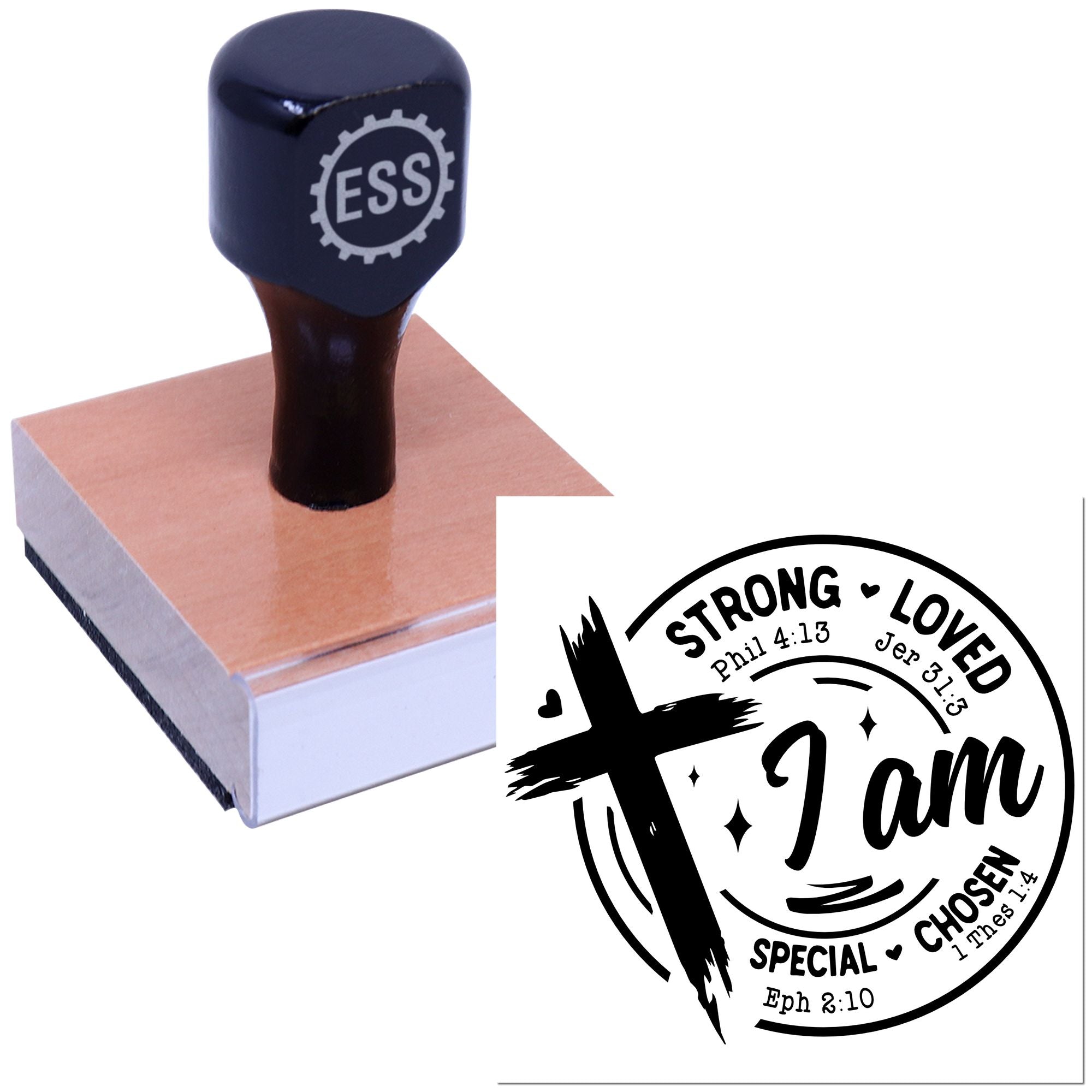 Dark navy ESS stamp on a wooden block beside a black Christian seal design reading I am strong loved.