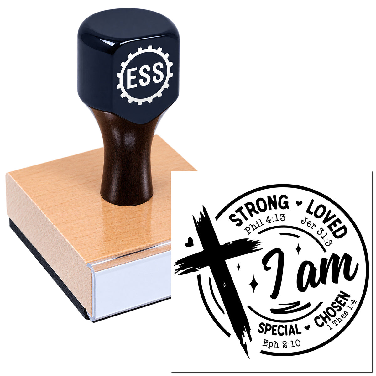 Dark navy ESS stamp on a wooden block beside a black Christian seal design reading "I am strong loved".