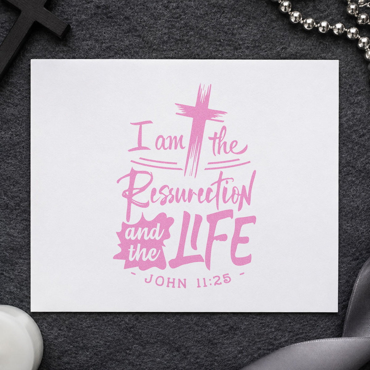Resurrection and Life craft stamp in purple ink on cardstock, an easy option for easter basket tags.