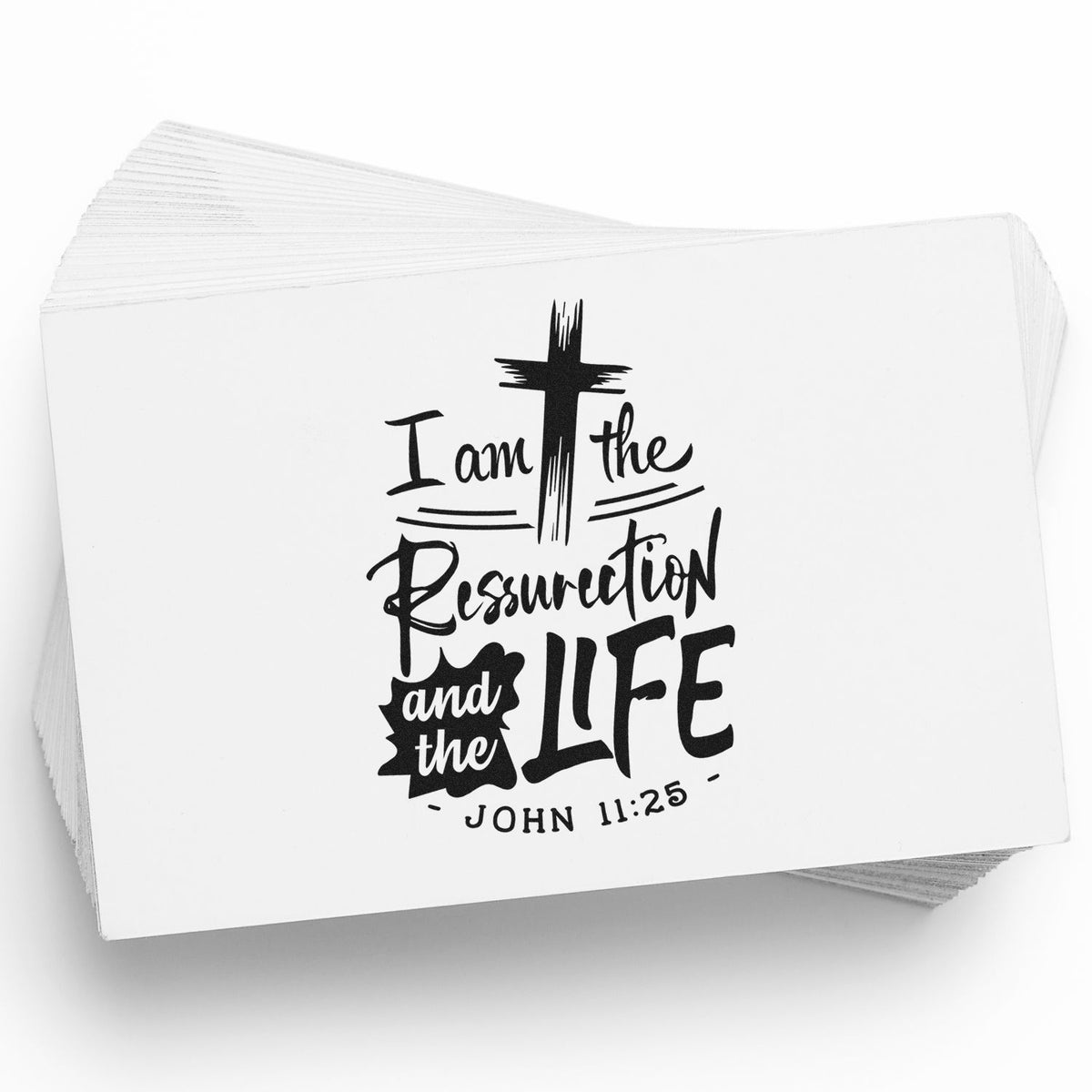 White stamp and seal cards with black cross and I am the Resurrection and the Life text, John 11:25