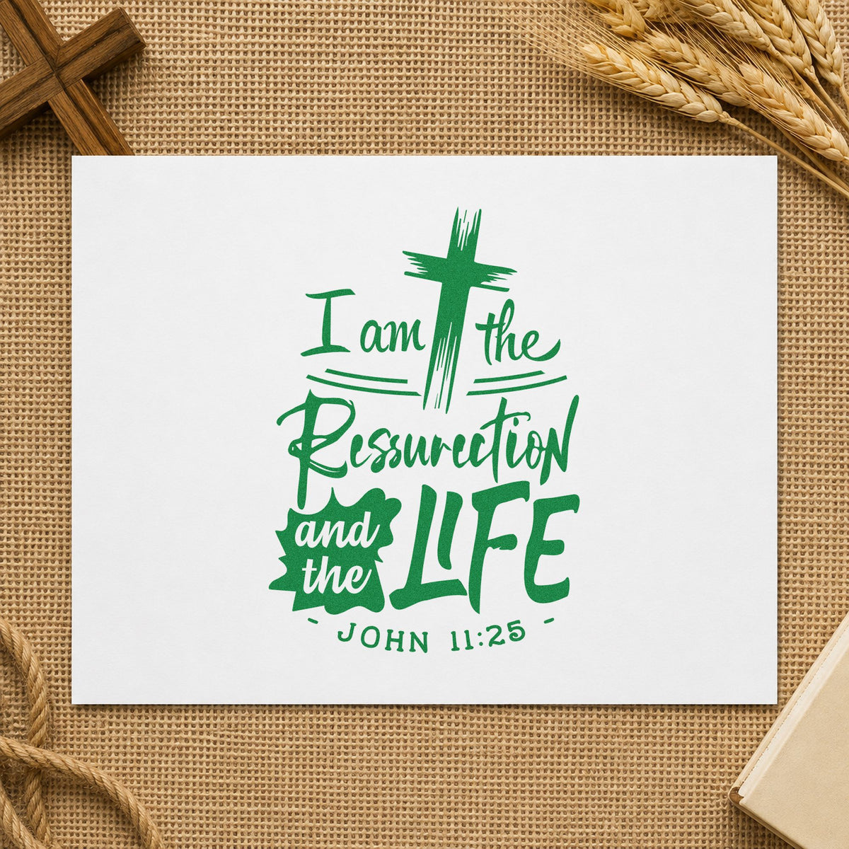 Resurrection and Life craft stamp imprint in green ink on a handmade project, one idea being sunrise service pages.