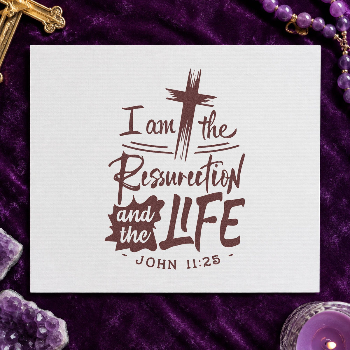 Resurrection and Life rubber stamp printed in brown ink, ready for lily pot labels and similar paper crafts.