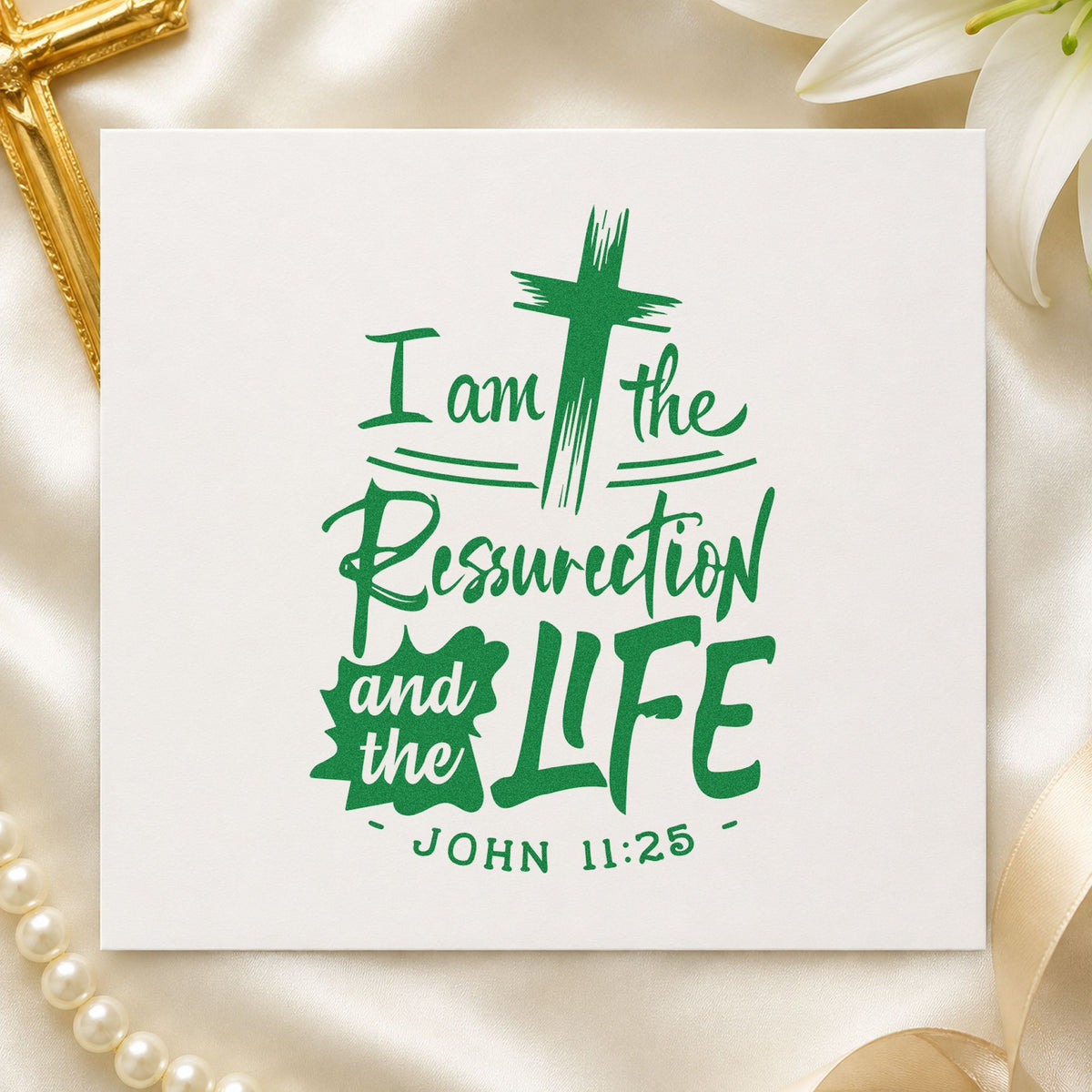 Resurrection and Life craft stamp imprint in green ink on a handmade project, one idea being framed sanctuary art.