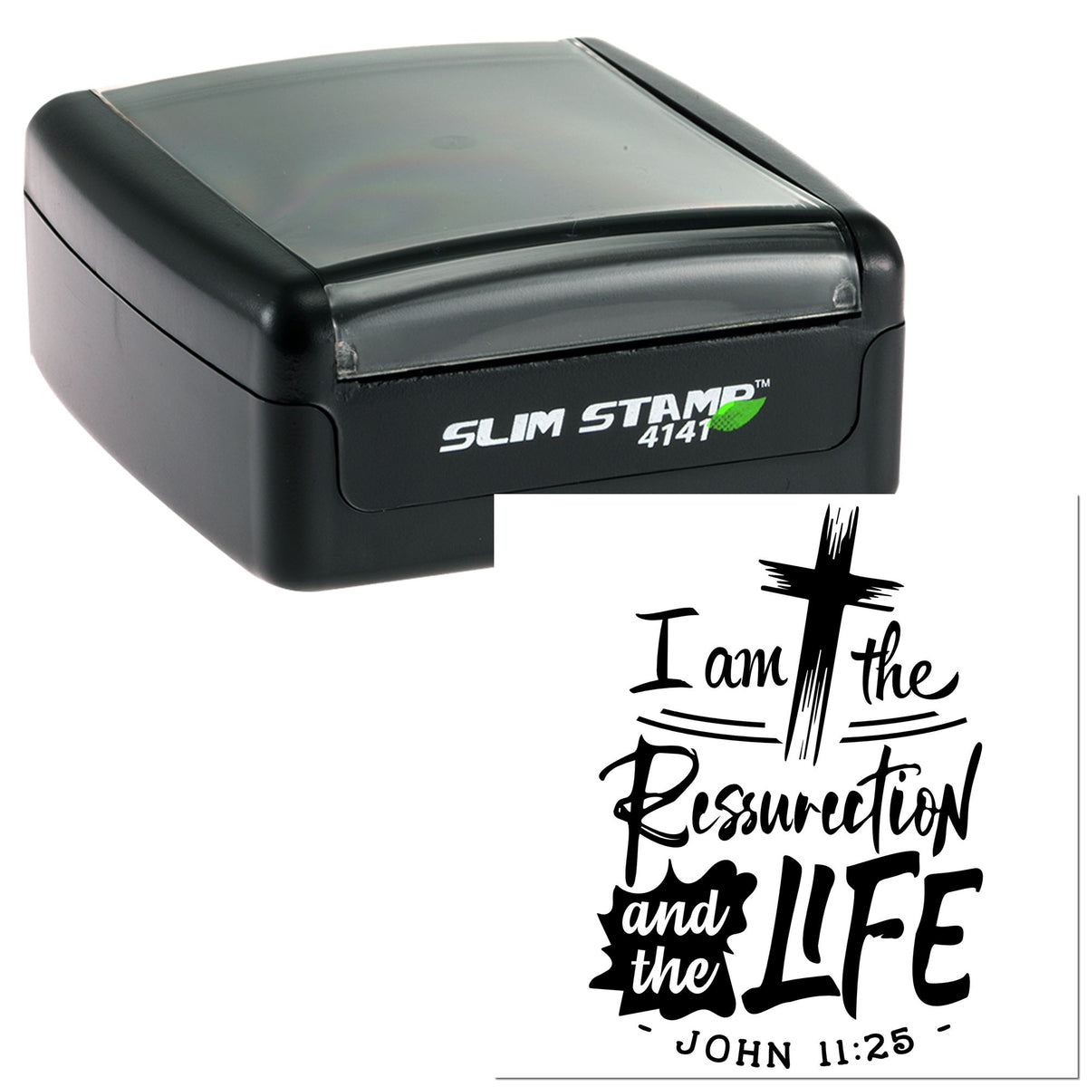 Black Slim Stamp 4141 with translucent cap and custom seal reading I am the Resurrection and the Life from John 11:25.