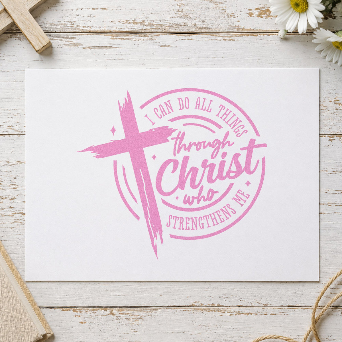 All Things Through Christ Badge craft stamp in purple ink on cardstock, an easy option for team water bottle tags.