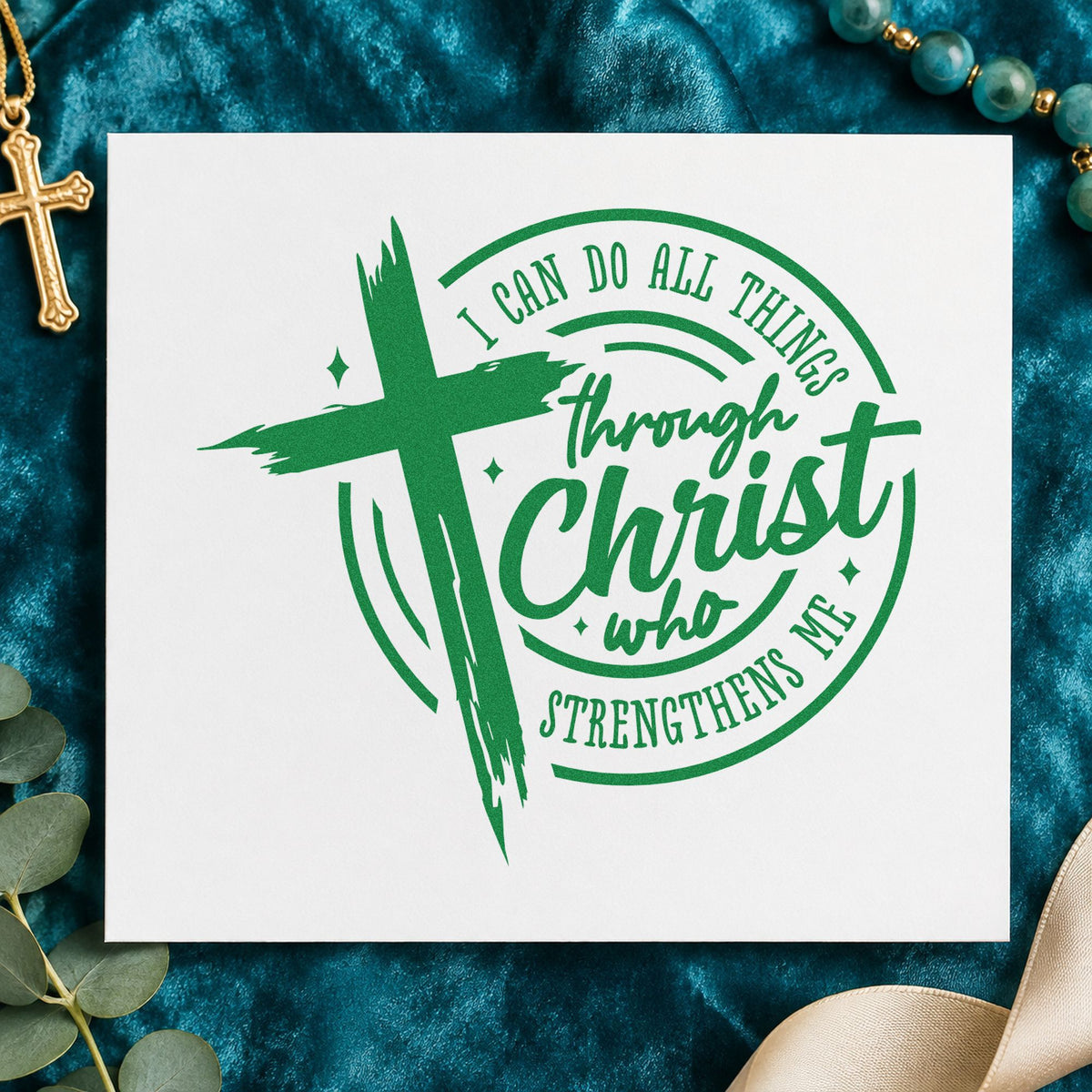 All Things Through Christ Badge craft stamp imprint in green ink on a handmade project, one idea being exam week bookmarks.