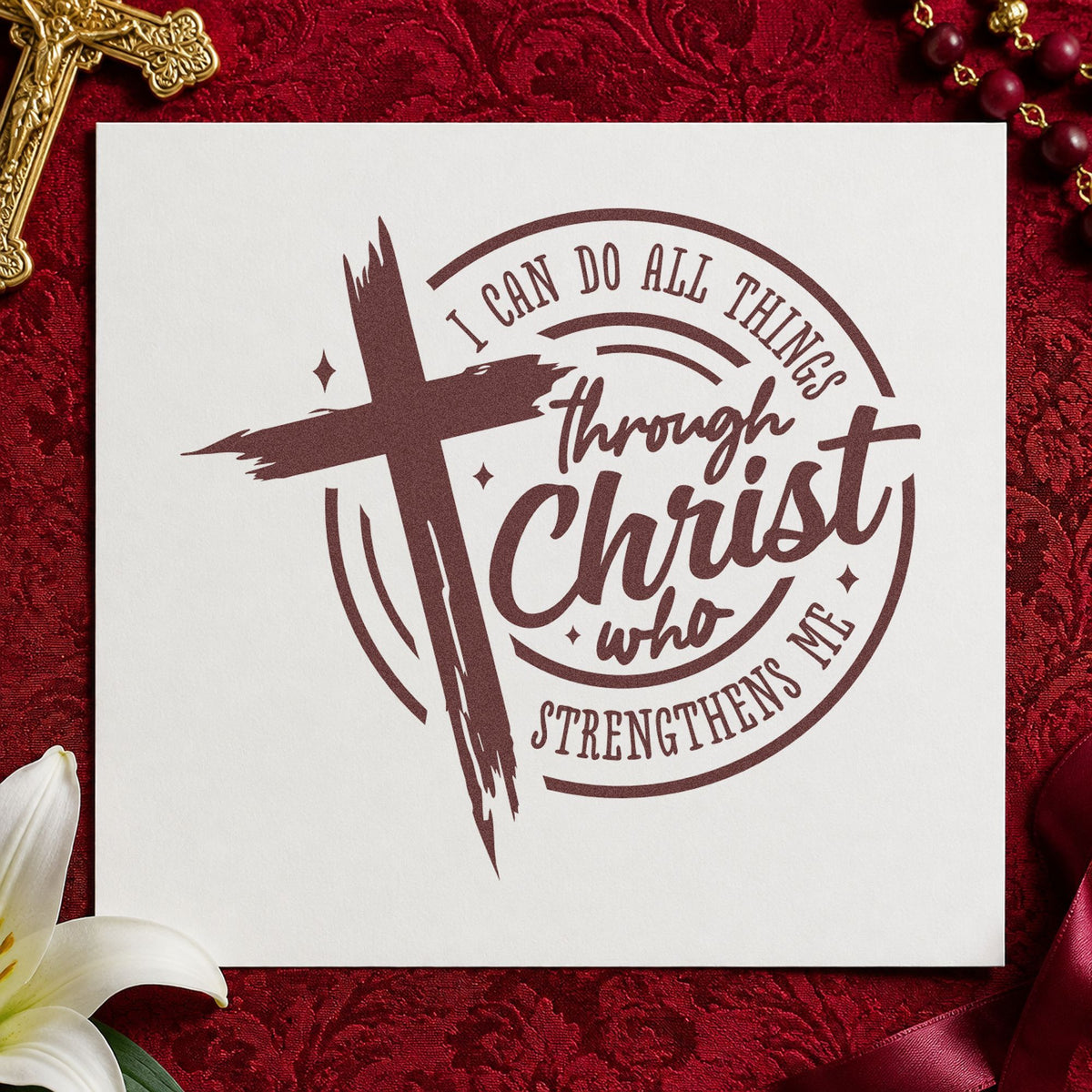 All Things Through Christ Badge rubber stamp printed in brown ink, ready for tryout day pages and similar paper crafts.