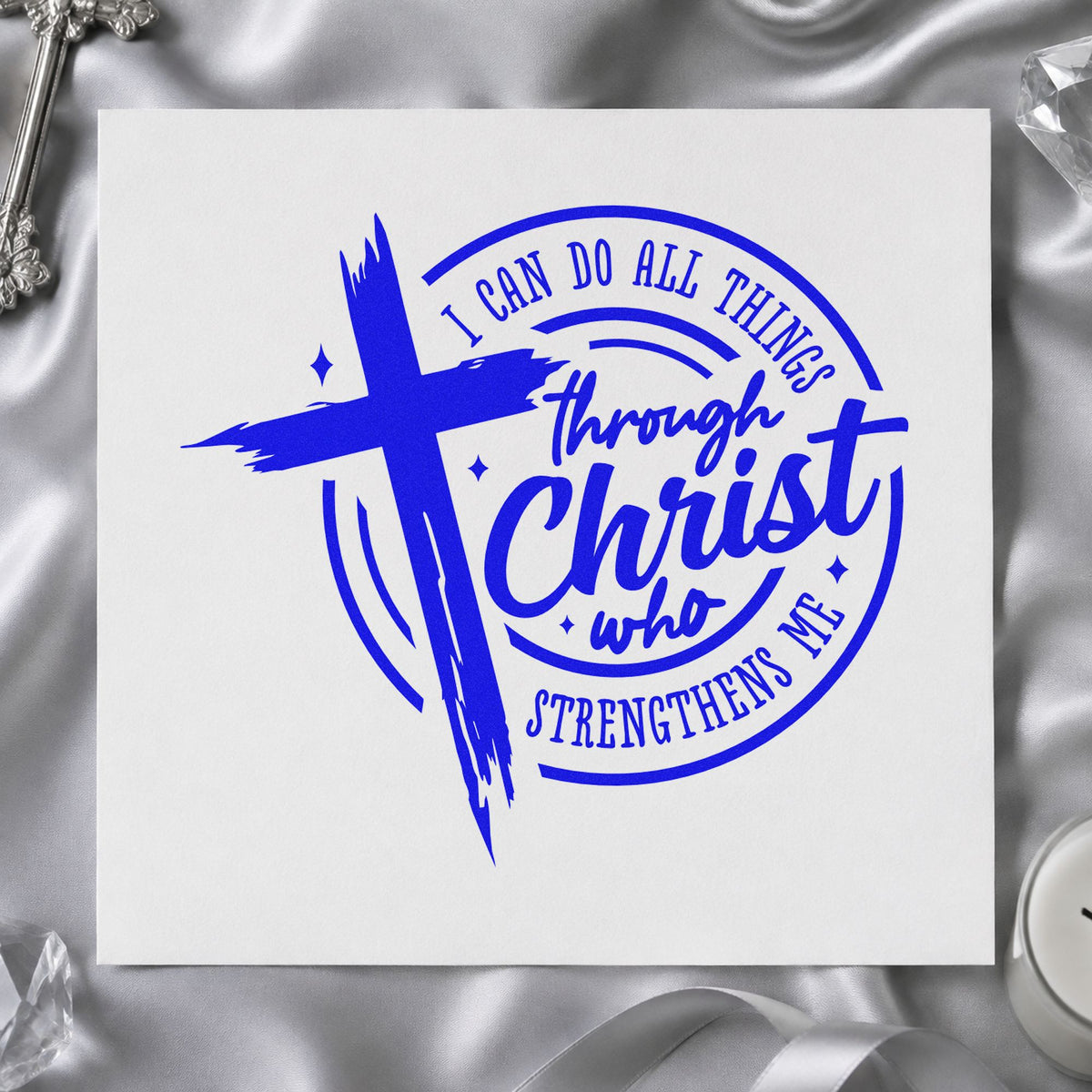 All Things Through Christ Badge craft stamp imprinted in blue ink on paper, a design suited to physical therapy notes.