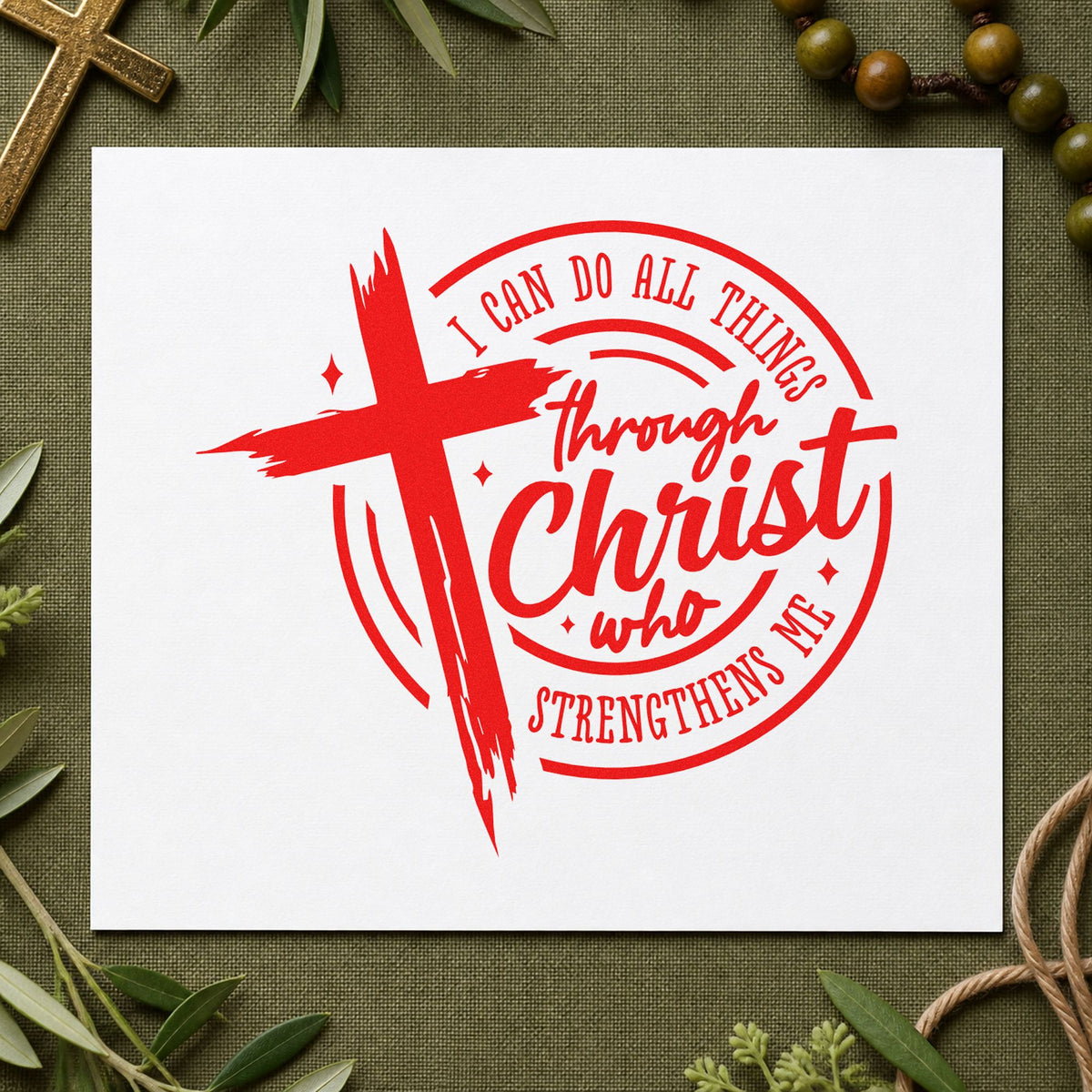All Things Through Christ Badge rubber stamp shown in red ink, stamped for projects such as trophy shelf labels.
