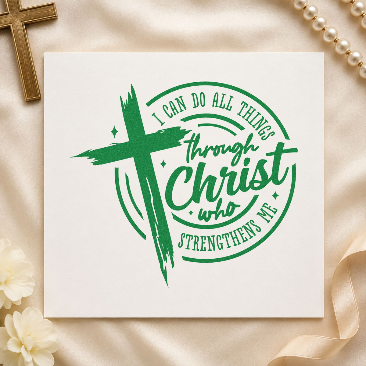 All Things Through Christ Badge craft stamp imprint in green ink on a handmade project, one idea being framed gym art.