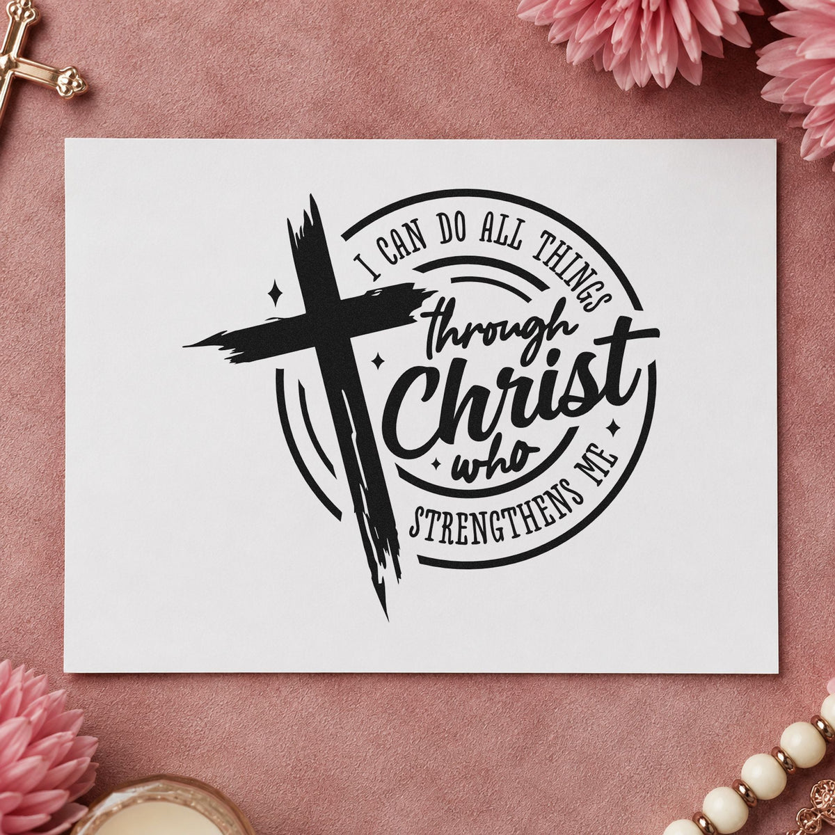 All Things Through Christ Badge rubber stamp printed in black ink, ready for all things circle cards and similar paper crafts.