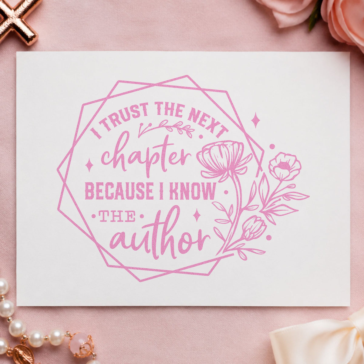 Trust the Next Chapter Floral craft stamp in purple ink on cardstock, an easy option for novel club bookmarks.