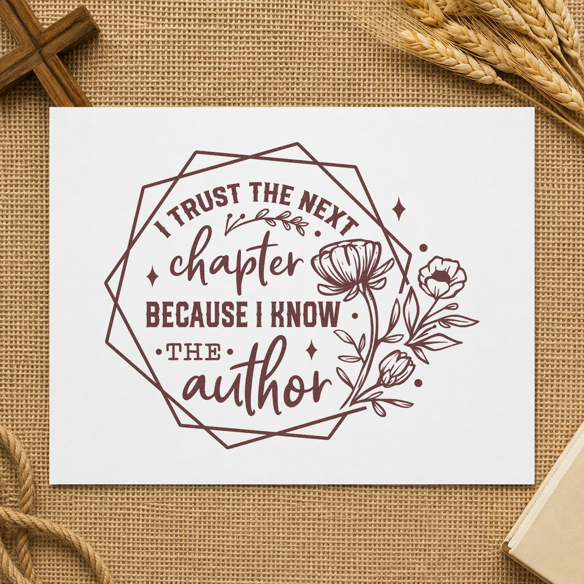 Trust the Next Chapter Floral rubber stamp printed in brown ink, ready for journal cover pages and similar paper crafts.