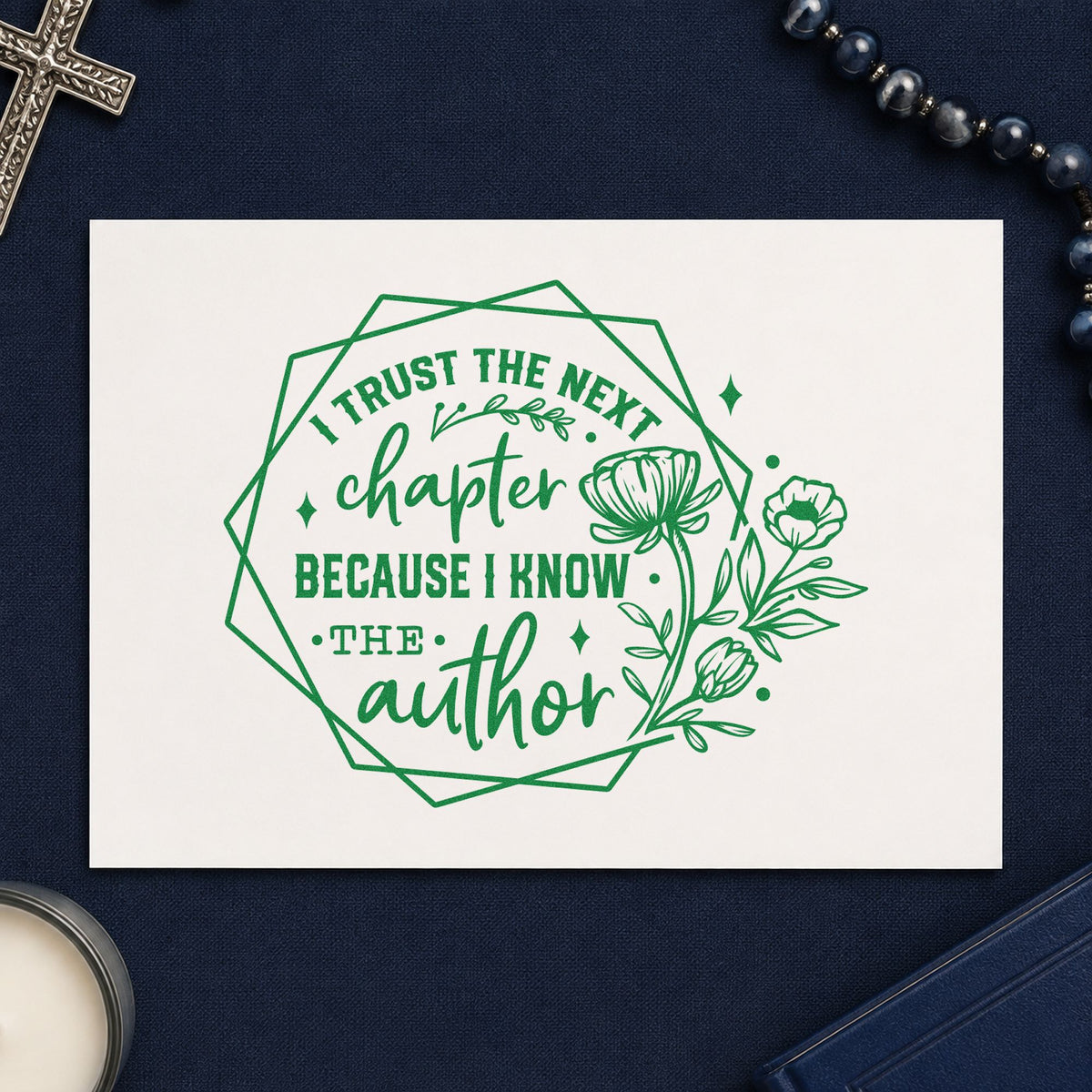 Trust the Next Chapter Floral craft stamp imprint in green ink on a handmade project, one idea being framed reading nook.