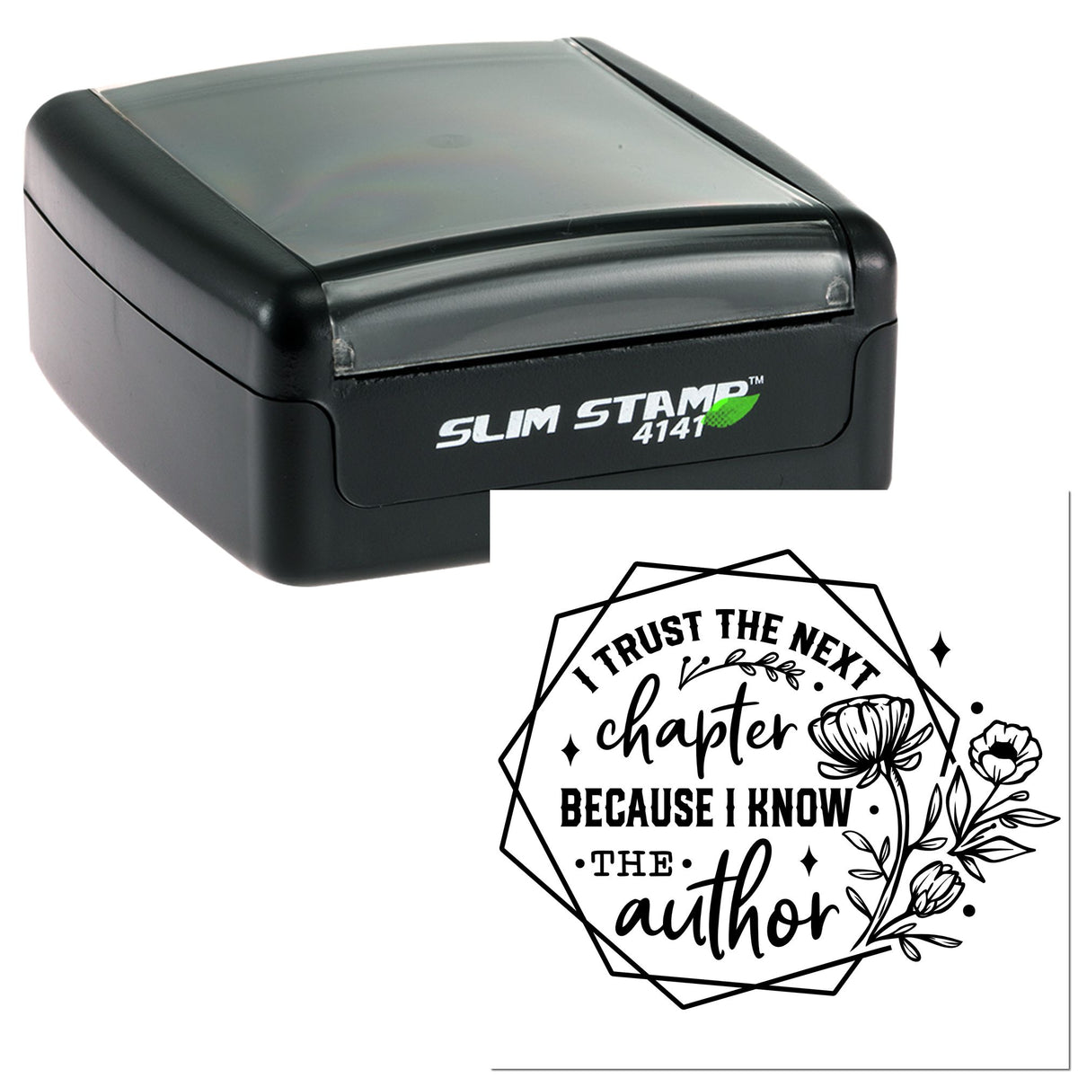 Black self-inking Slim Stamp 4141 with clear gray cover and sample black floral seal design with bold lettering.