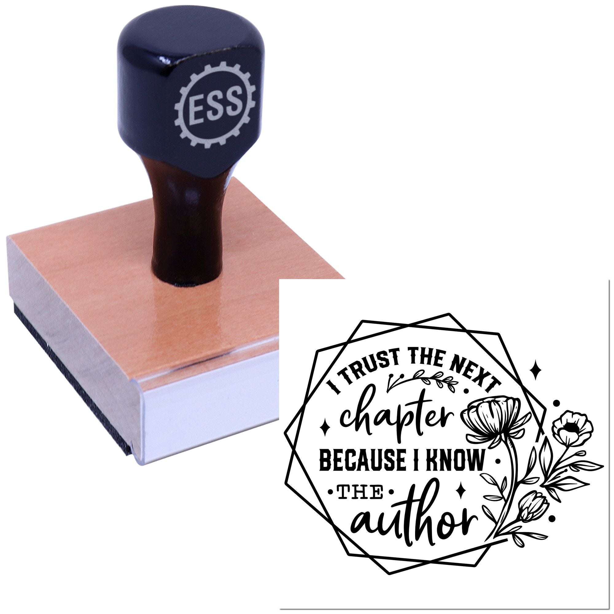 Black ESS seal stamp with wooden handle on a book, displaying a decorative author trust chapter imprint in bold black.