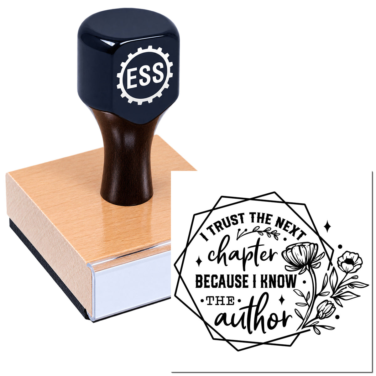 Black ESS seal stamp with wooden handle on a book, displaying a decorative author trust chapter imprint in bold black.