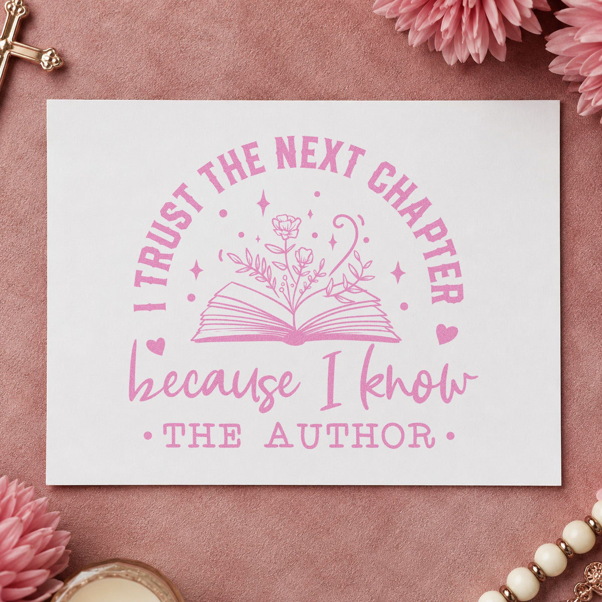 Trust the Author Open Book craft stamp in purple ink on cardstock, an easy option for teacher farewell tags.