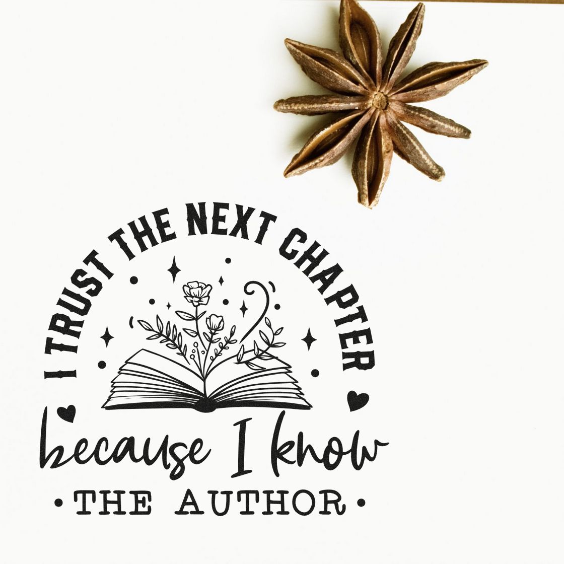 Black literary stamp with open book and quote, paired with a brown star anise wax seal on a white background.