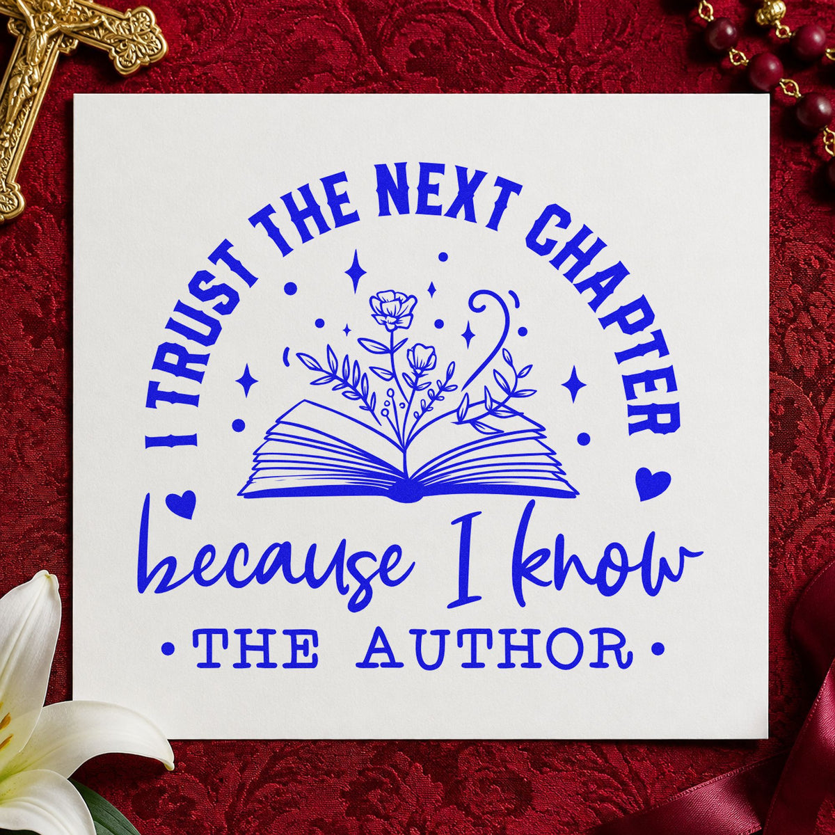 Trust the Author Open Book craft stamp in blue ink on cardstock, an easy option for study abroad totes.
