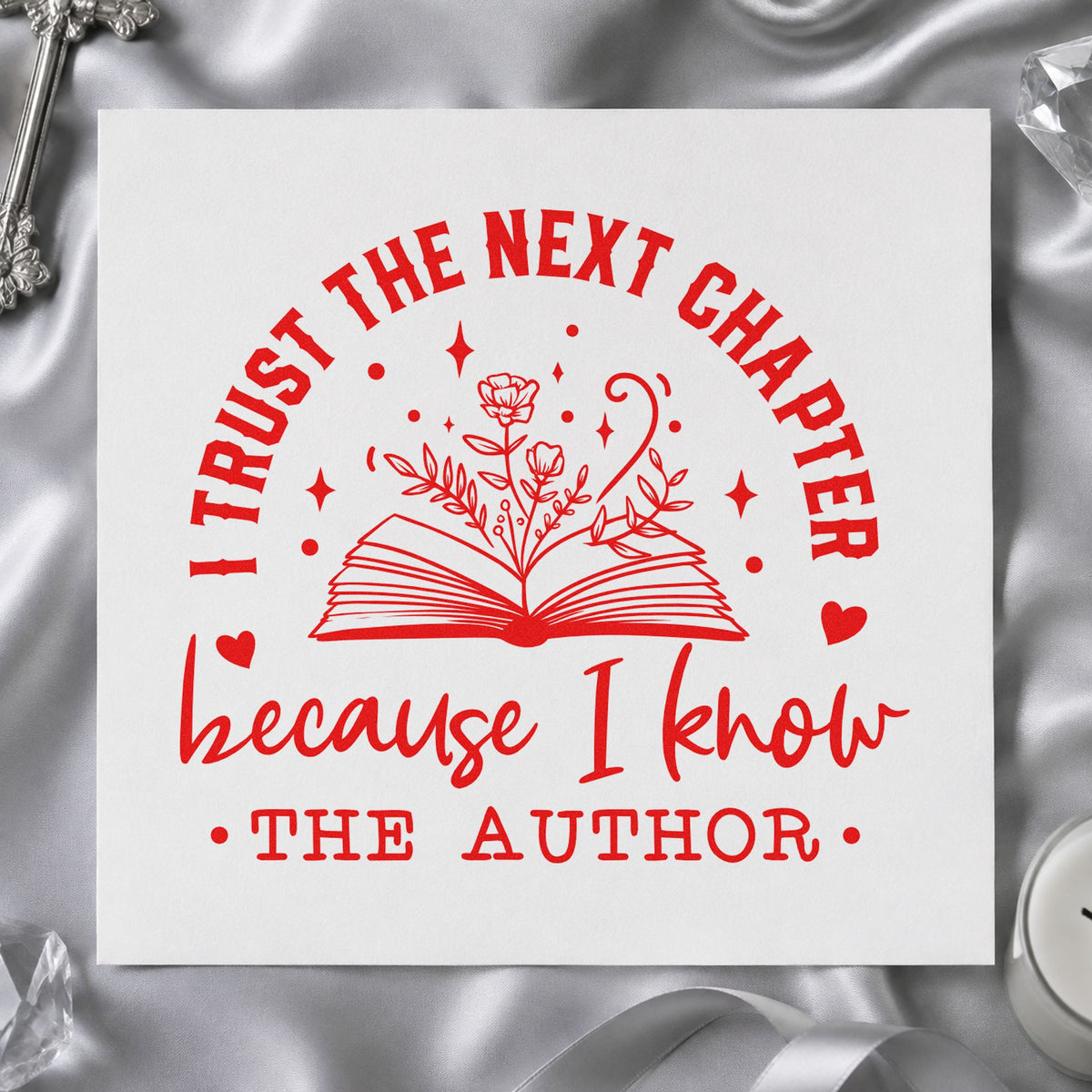 Trust the Author Open Book rubber stamp shown in red ink, stamped for projects such as foster transition notes.