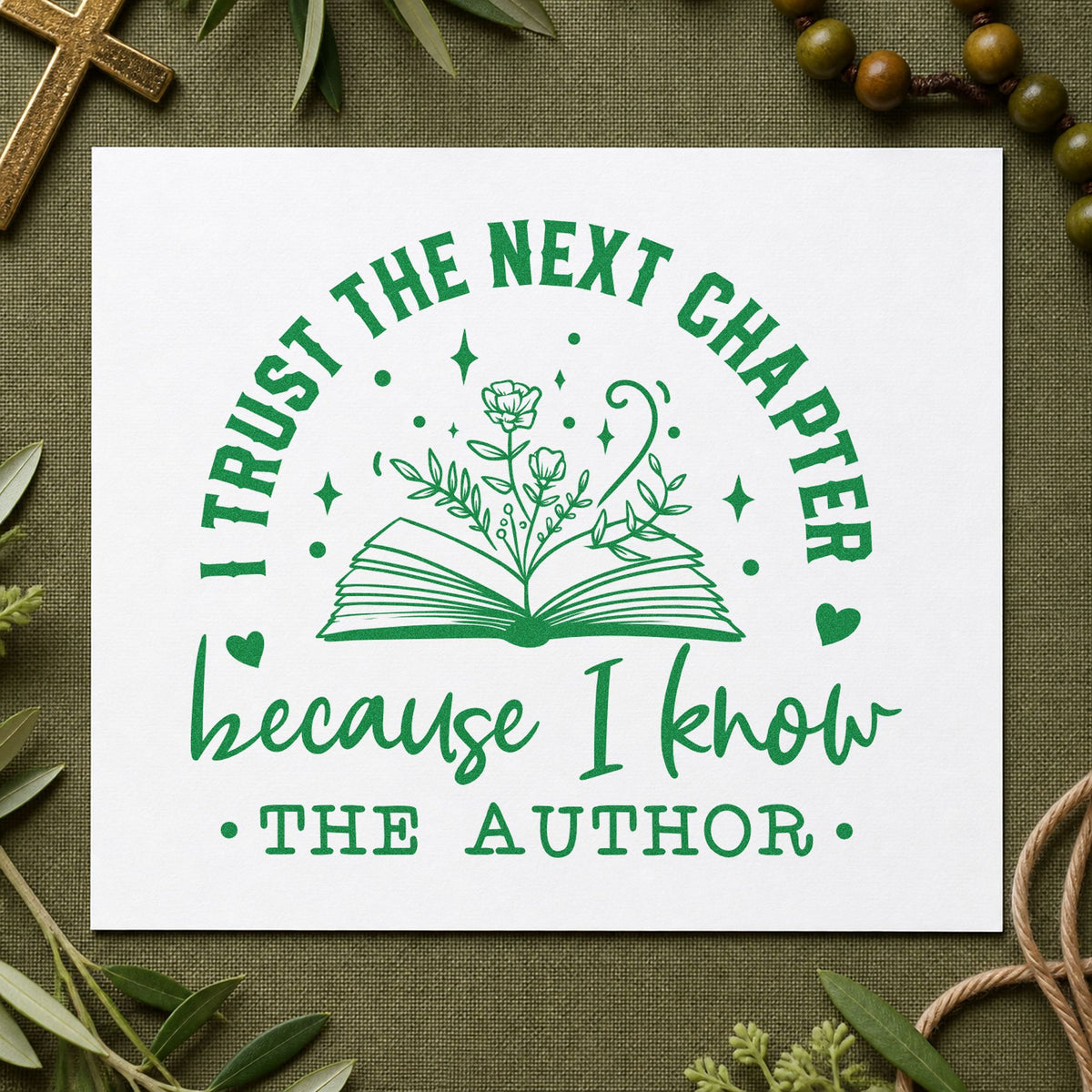 Trust the Author Open Book craft stamp imprint in green ink on a handmade project, one idea being framed nook art.