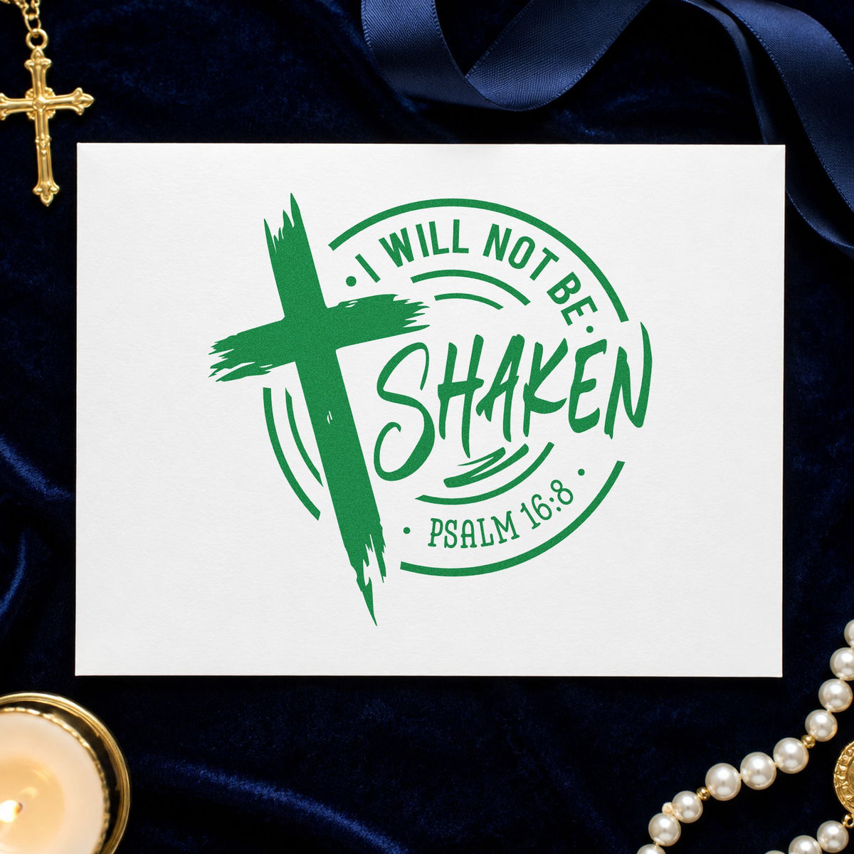 I Will Not Be Shaken Badge craft stamp imprint in green ink on a handmade project, one idea being storm prep kit tags.