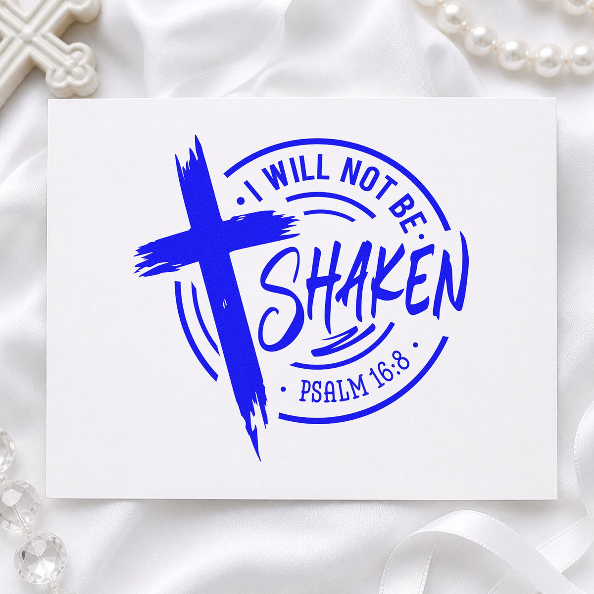 I Will Not Be Shaken Badge craft stamp imprinted in blue ink on paper, a design suited to court date notes.