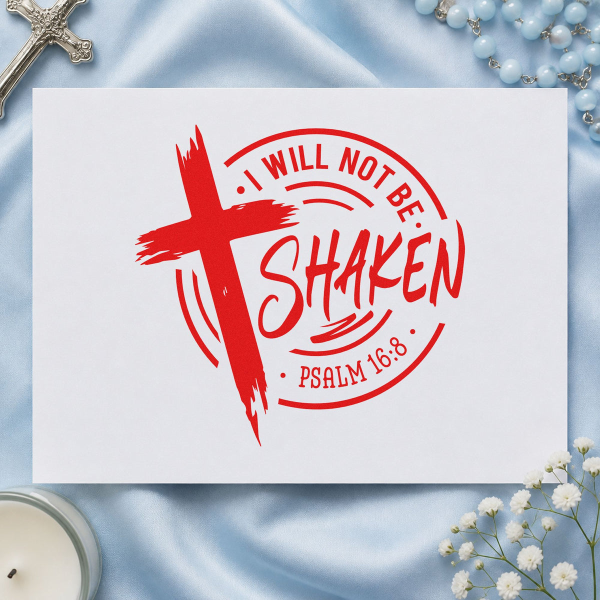 I Will Not Be Shaken Badge rubber stamp shown in red ink, stamped for projects such as anchor charm cards.