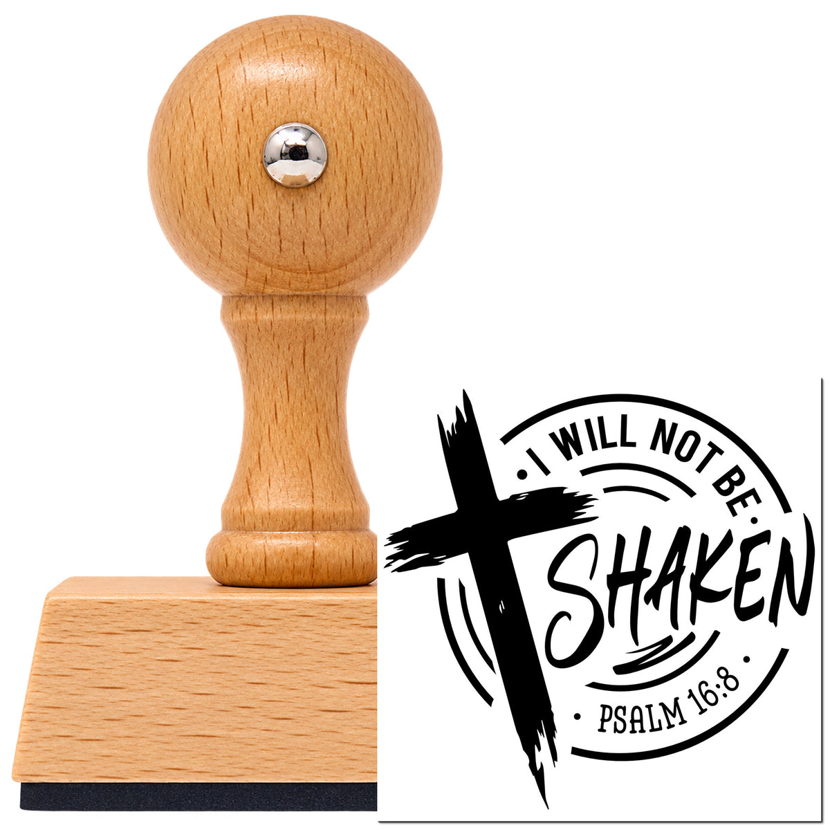 Vintage Pro beech wood stamp with a round knob handle, shown with its black I Will Not Be Shaken Emblem imprint on white.