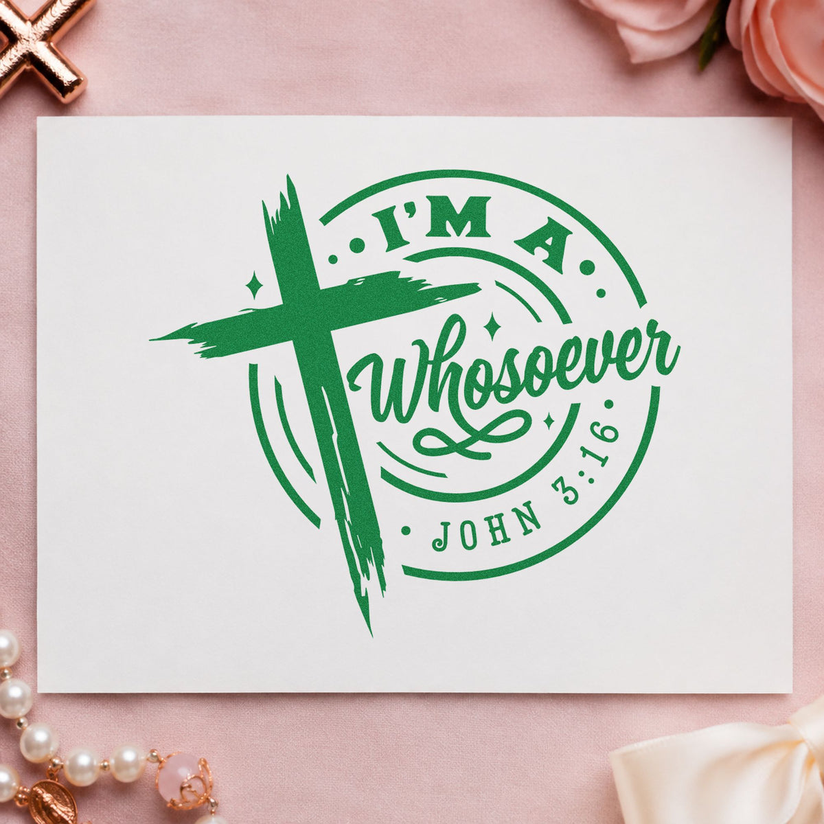 I'm a Whosoever craft stamp imprint in green ink on a handmade project, one idea being recovery meeting pages.