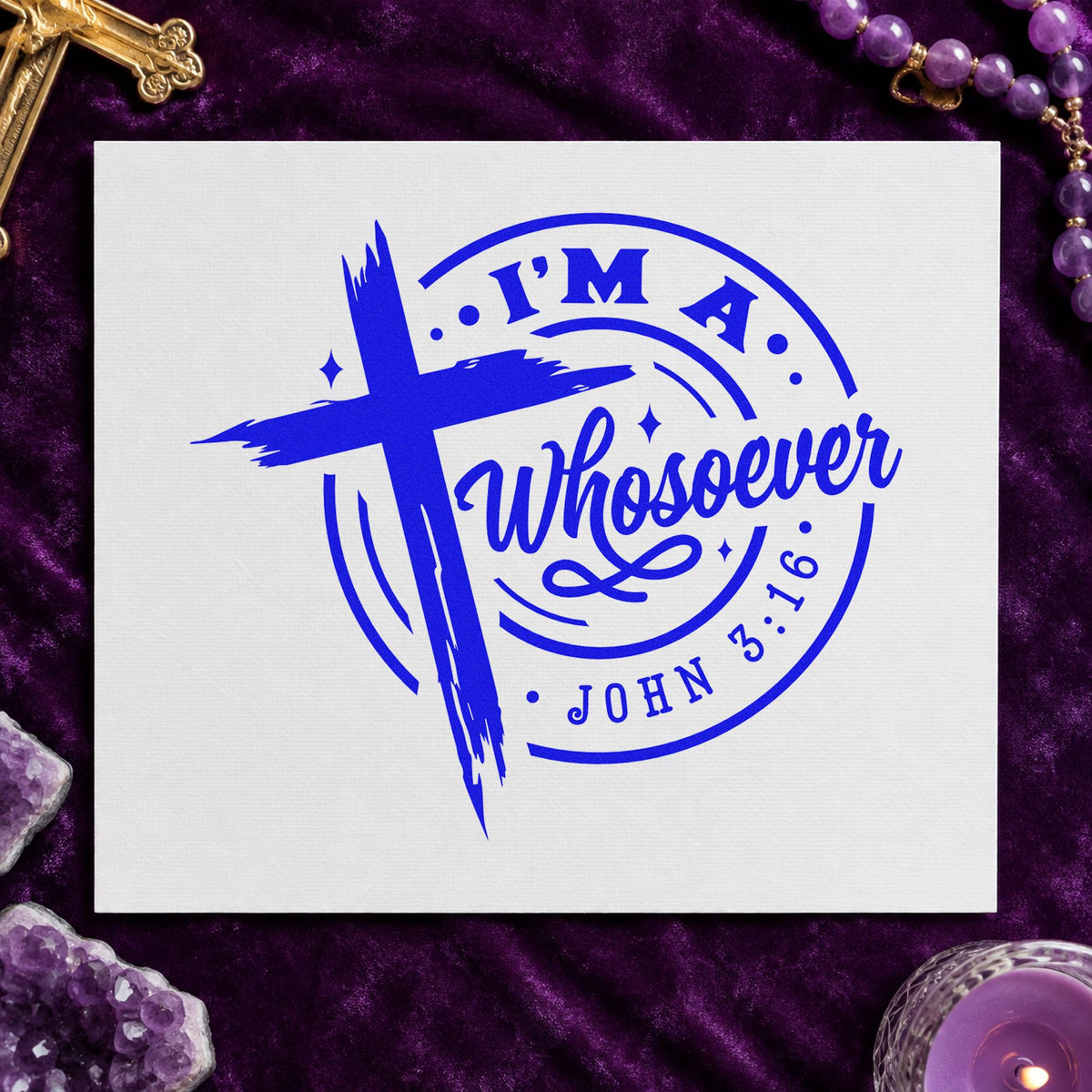 I'm a Whosoever craft stamp imprinted in blue ink on paper, a design suited to food pantry labels.