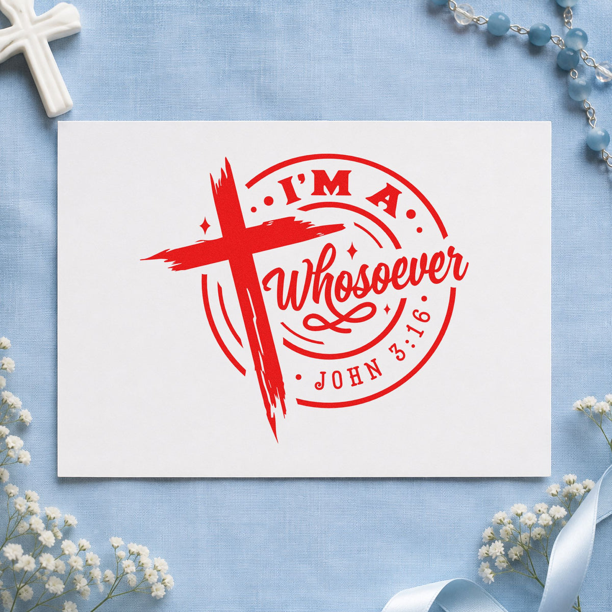 I'm a Whosoever rubber stamp shown in red ink, stamped for projects such as newcomer welcome notes.