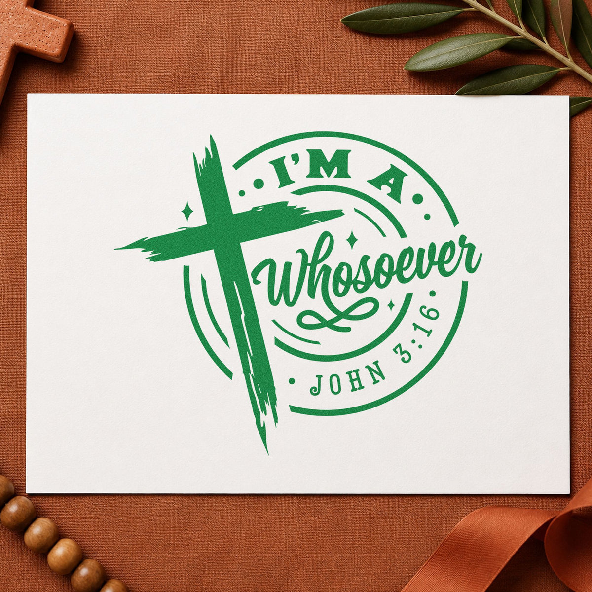 I'm a Whosoever craft stamp imprint in green ink on a handmade project, one idea being framed foyer art.