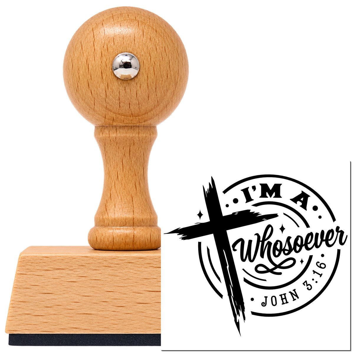 Vintage Pro beech wood stamp with a round knob handle, shown with its black I'm A Whosoever imprint on white.