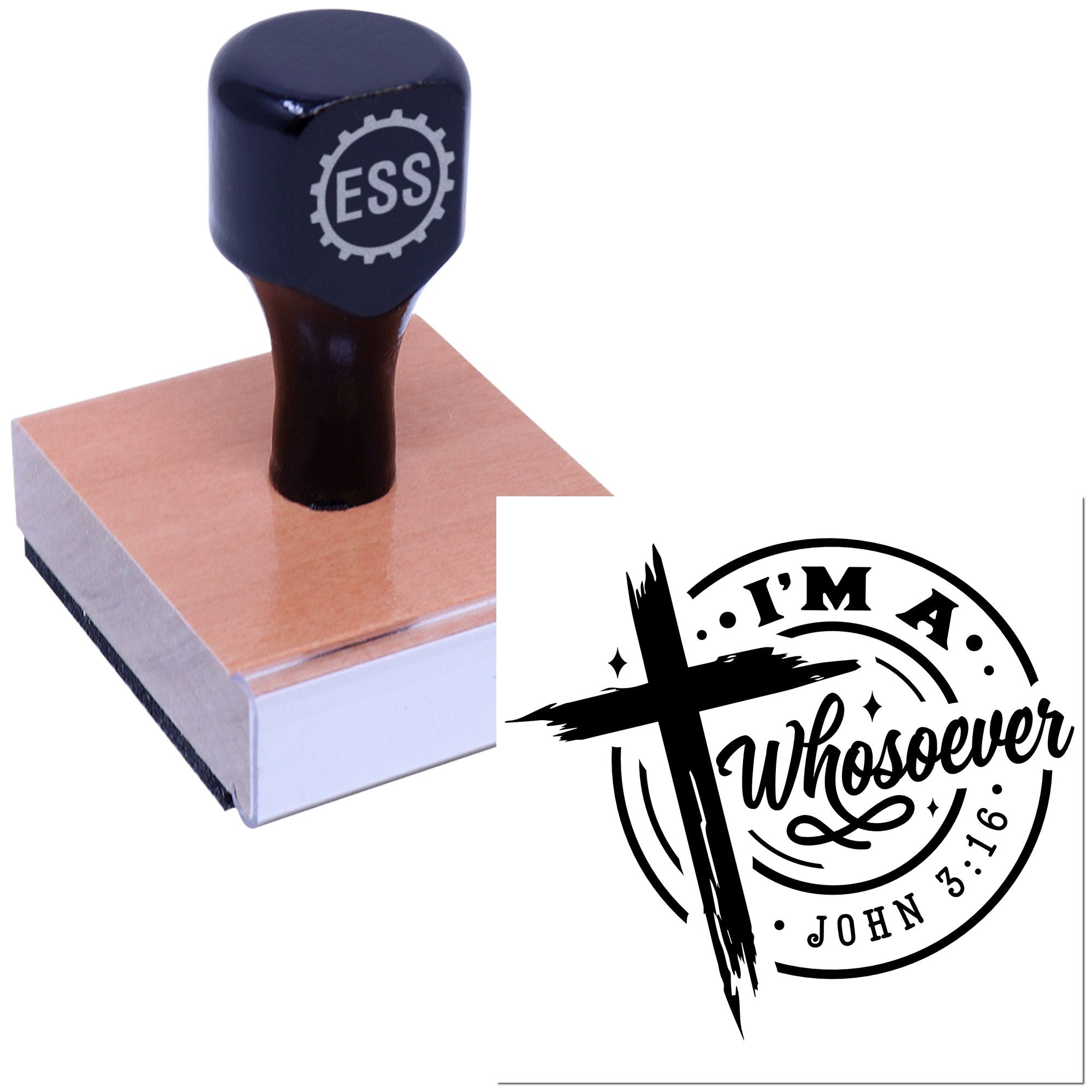 Black ESSI custom stamp and seal on wood block, with circular faith design and bold black lettering on white background.