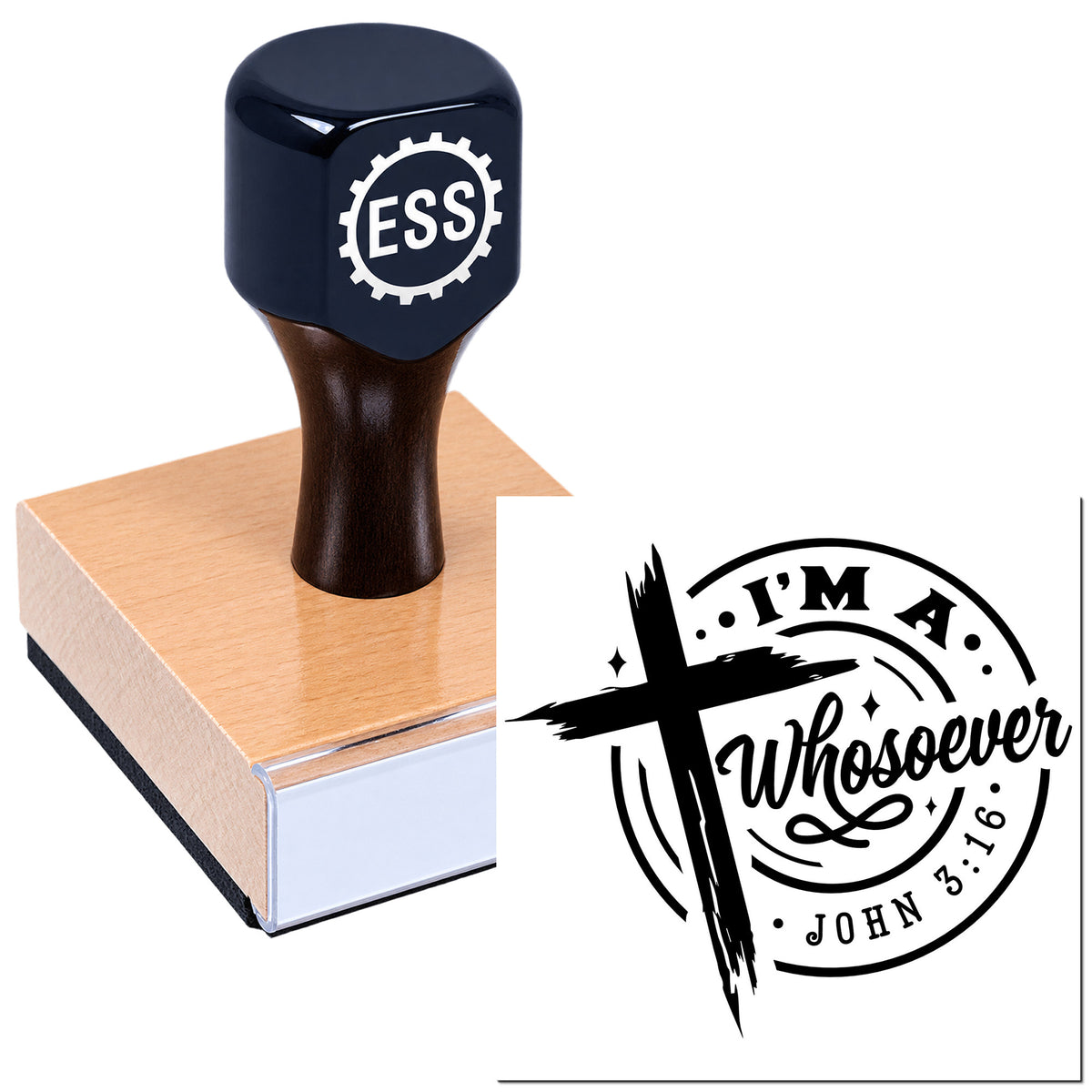 Black ESSI custom stamp and seal on wood block, with circular faith design and bold black lettering on white background.