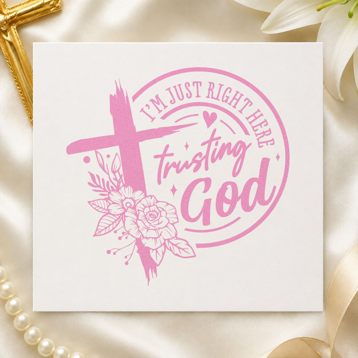 Trusting God Outline Flowers craft stamp in purple ink on cardstock, an easy option for waiting room tags.