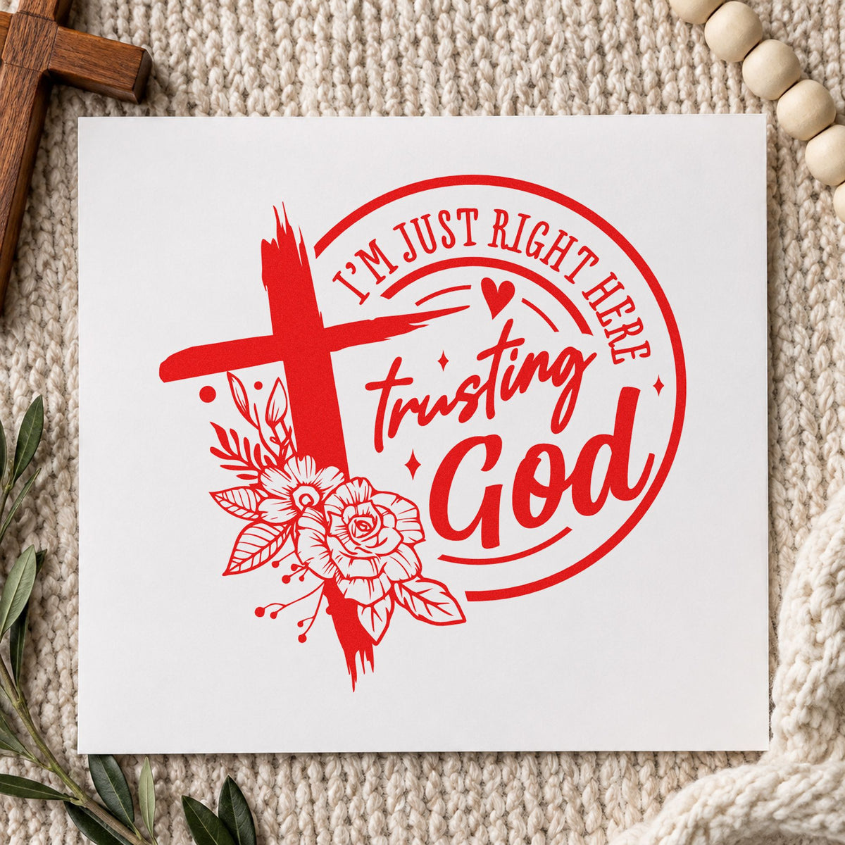 Trusting God Outline Flowers rubber stamp shown in red ink, stamped for projects such as job search bookmarks.