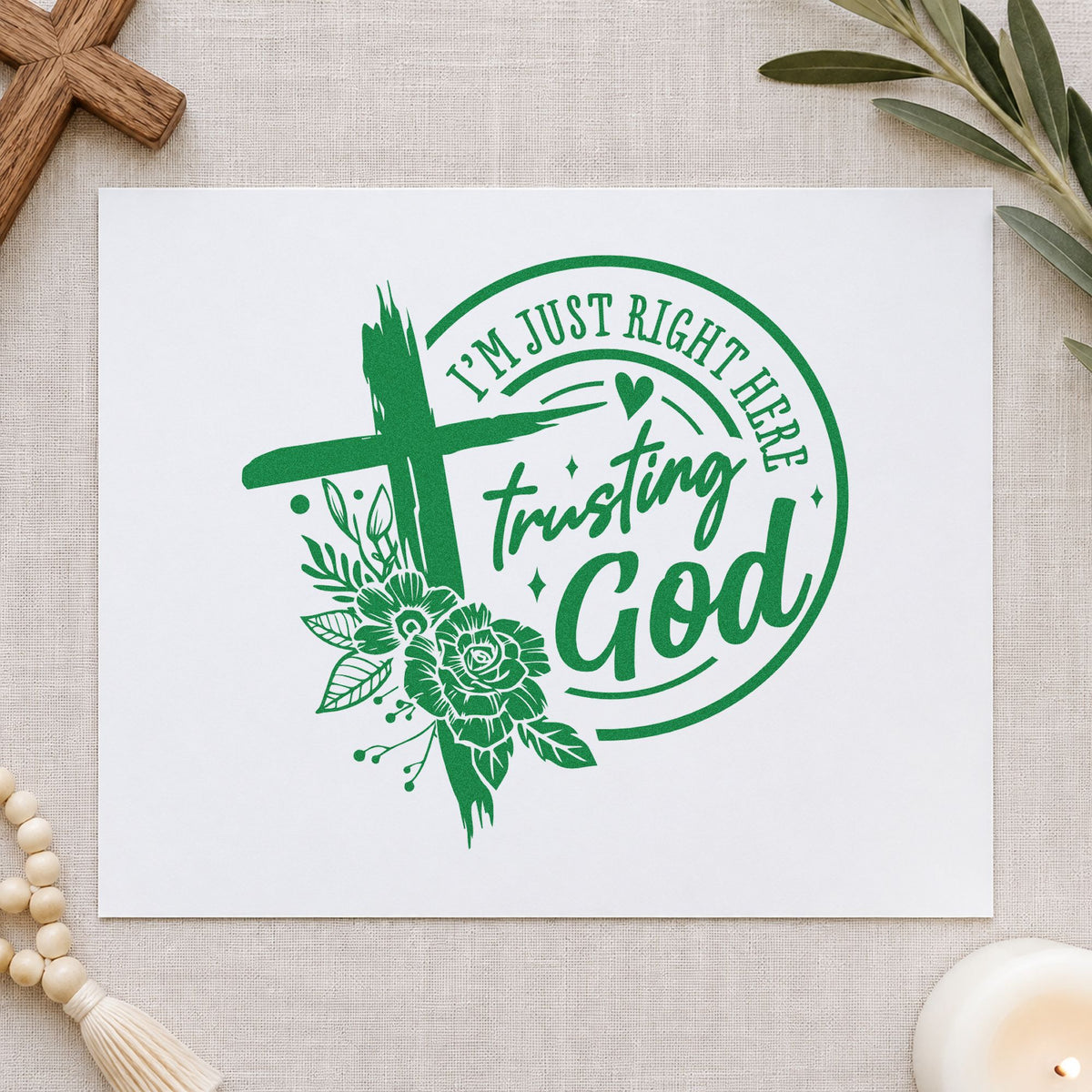 Trusting God Dark Roses craft stamp imprint in green ink on a handmade project, one idea being adoption wait pages.