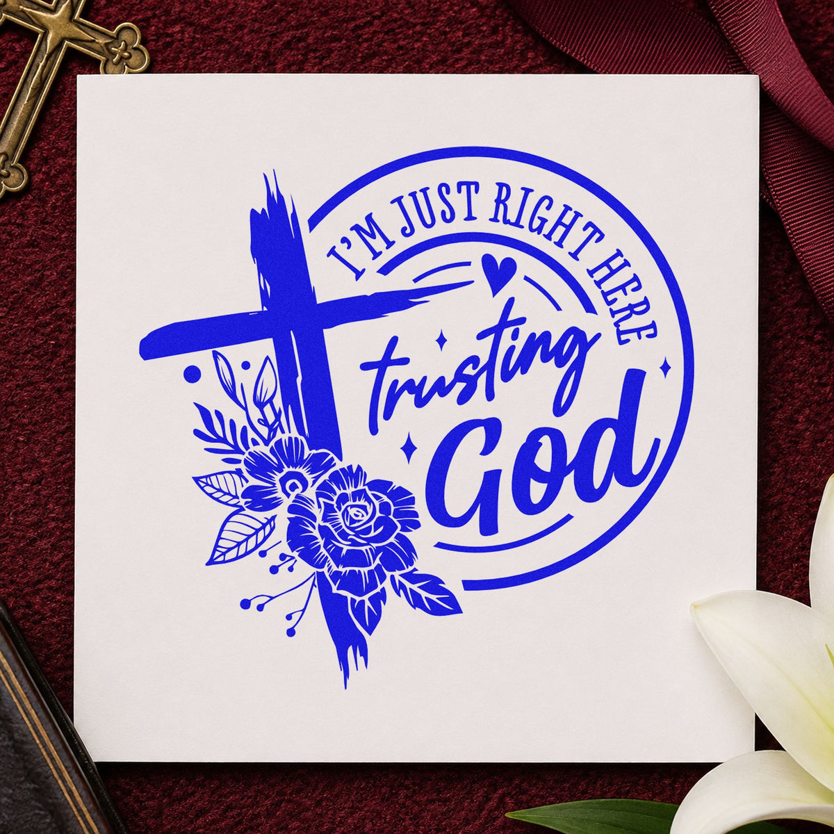 Trusting God Dark Roses craft stamp imprinted in blue ink on paper, a design suited to caregiver day totes.