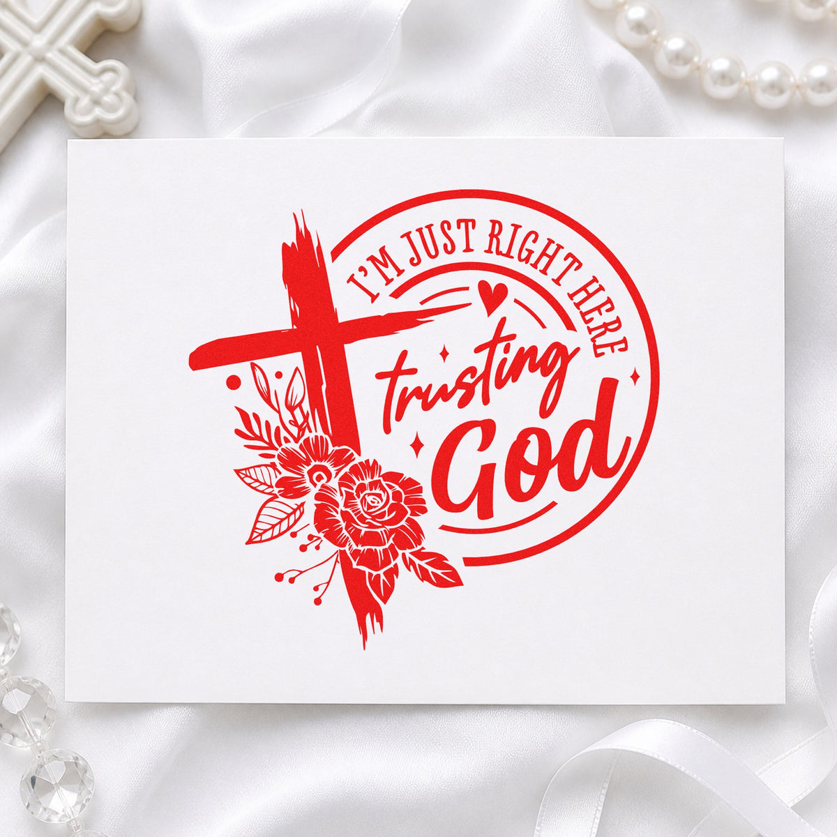 Trusting God Dark Roses rubber stamp shown in red ink, stamped for projects such as candle jar wraps.