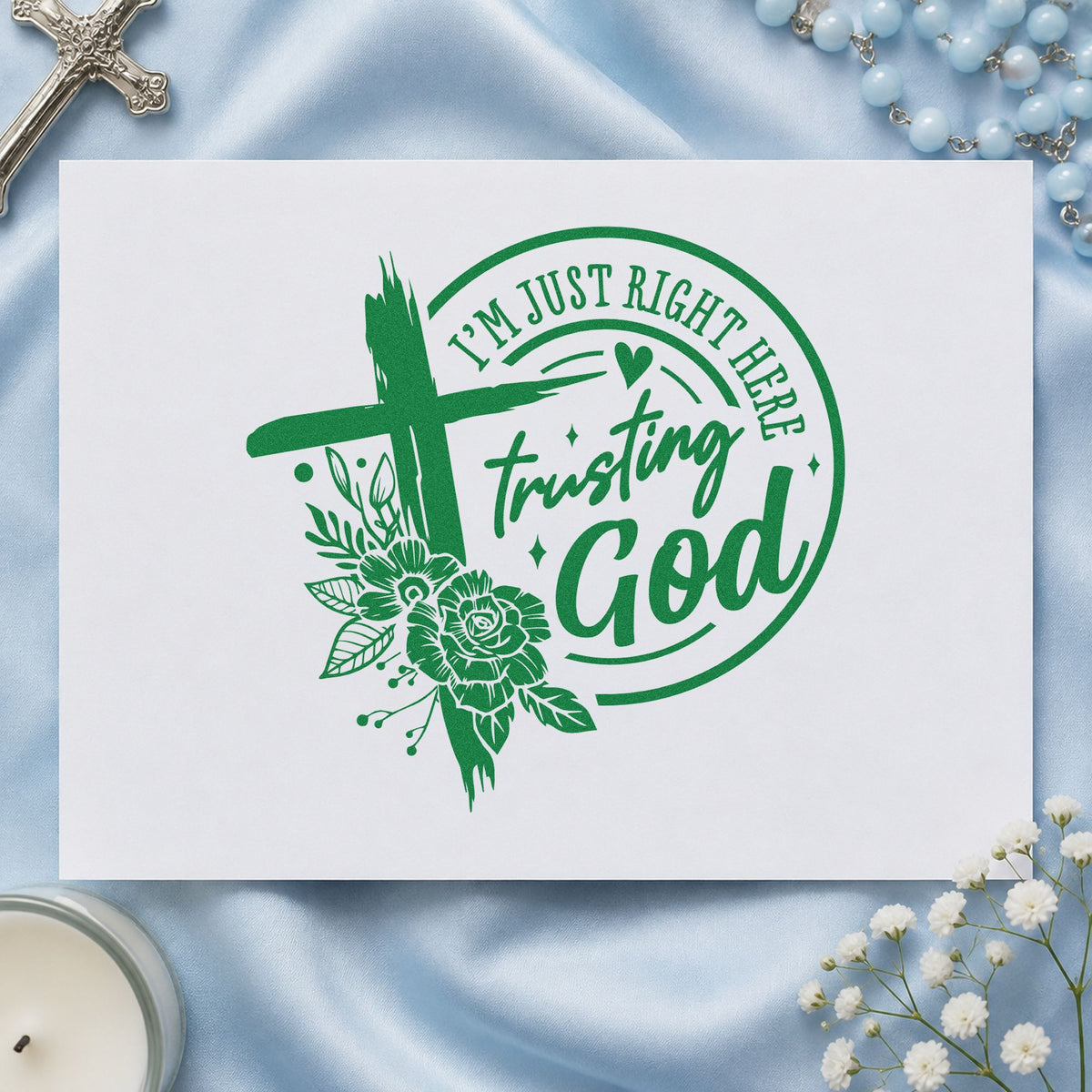 Trusting God Dark Roses craft stamp imprint in green ink on a handmade project, one idea being framed landing art.