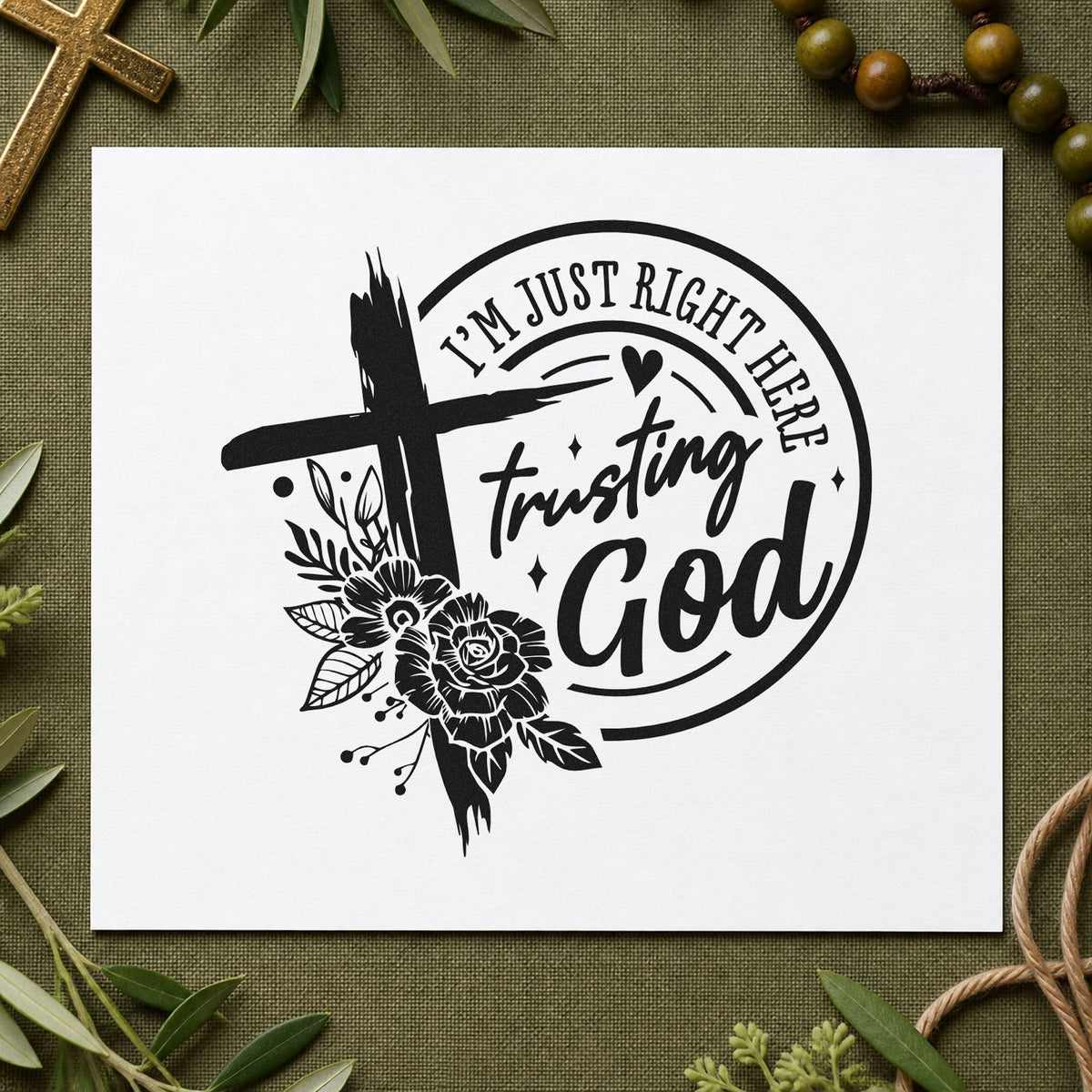 Trusting God Dark Roses rubber stamp printed in black ink, ready for dark rose circle cards and similar paper crafts.