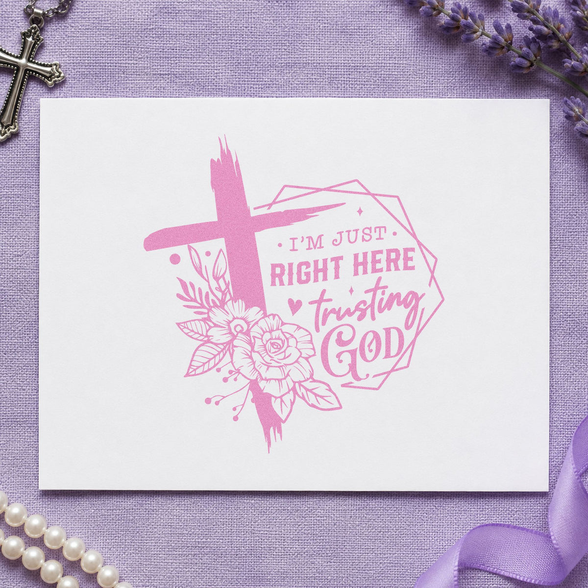 Trusting God Geometric Flowers craft stamp in purple ink on cardstock, an easy option for wedding program tags.