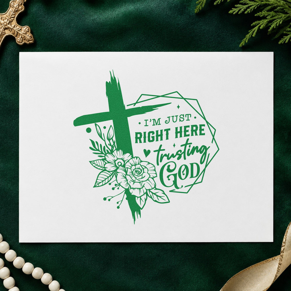 Trusting God Geometric Flowers craft stamp imprint in green ink on a handmade project, one idea being calendar month pages.
