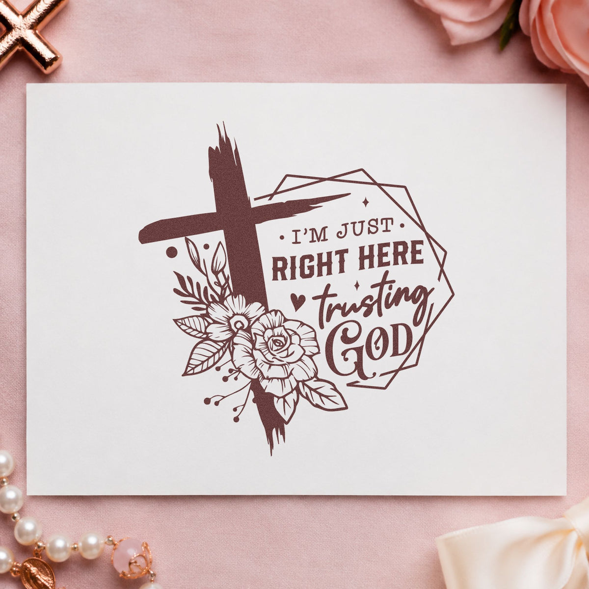 Trusting God Geometric Flowers rubber stamp printed in brown ink, ready for tile coaster crafts and similar paper crafts.