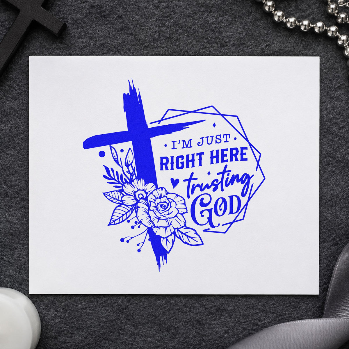 Trusting God Geometric Flowers craft stamp in blue ink on cardstock, an easy option for denim jacket backs.