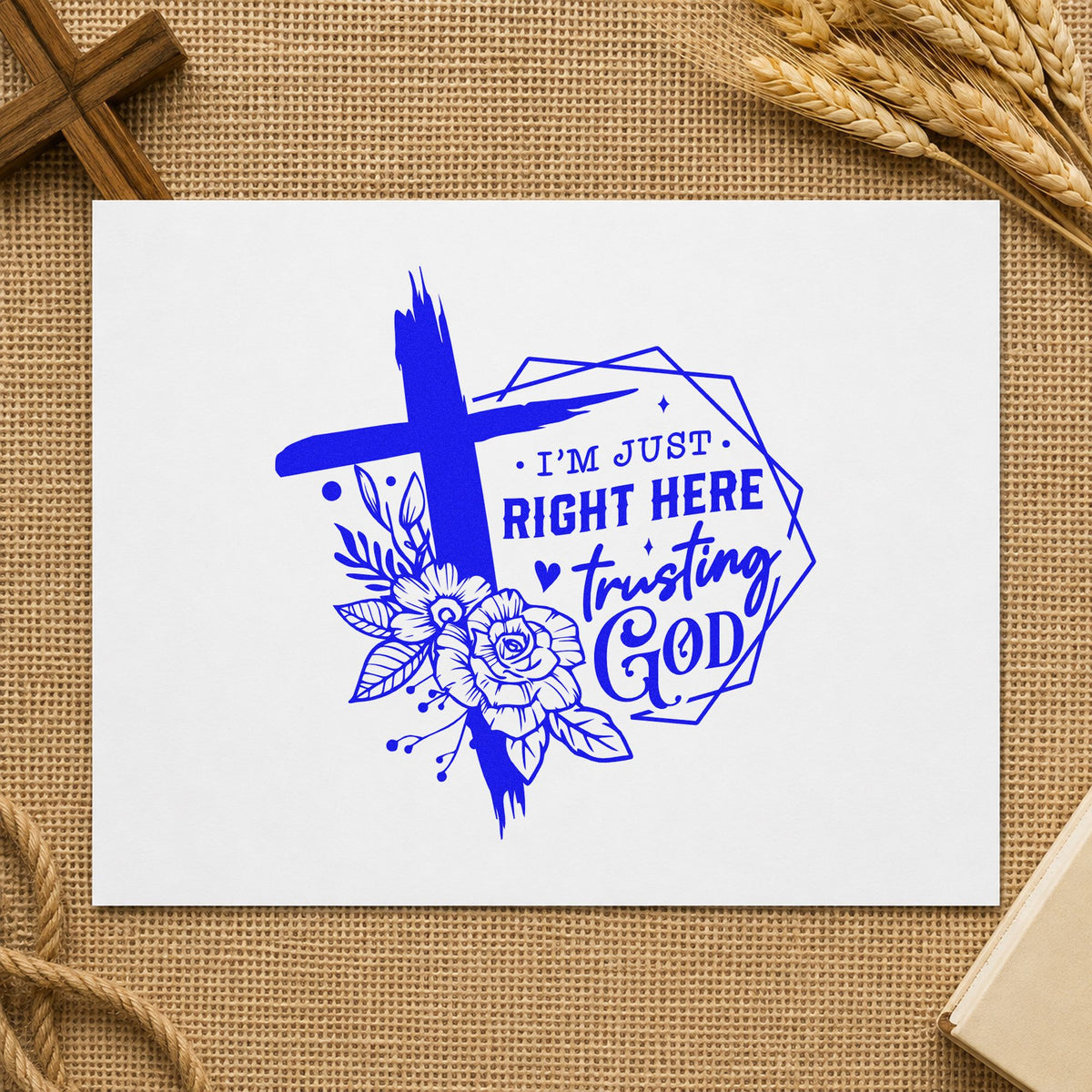 Trusting God Geometric Flowers craft stamp imprinted in blue ink on paper, a design suited to realtor closing gifts.